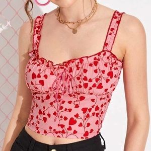 Heart Print Lettuce-Edge Crop Top